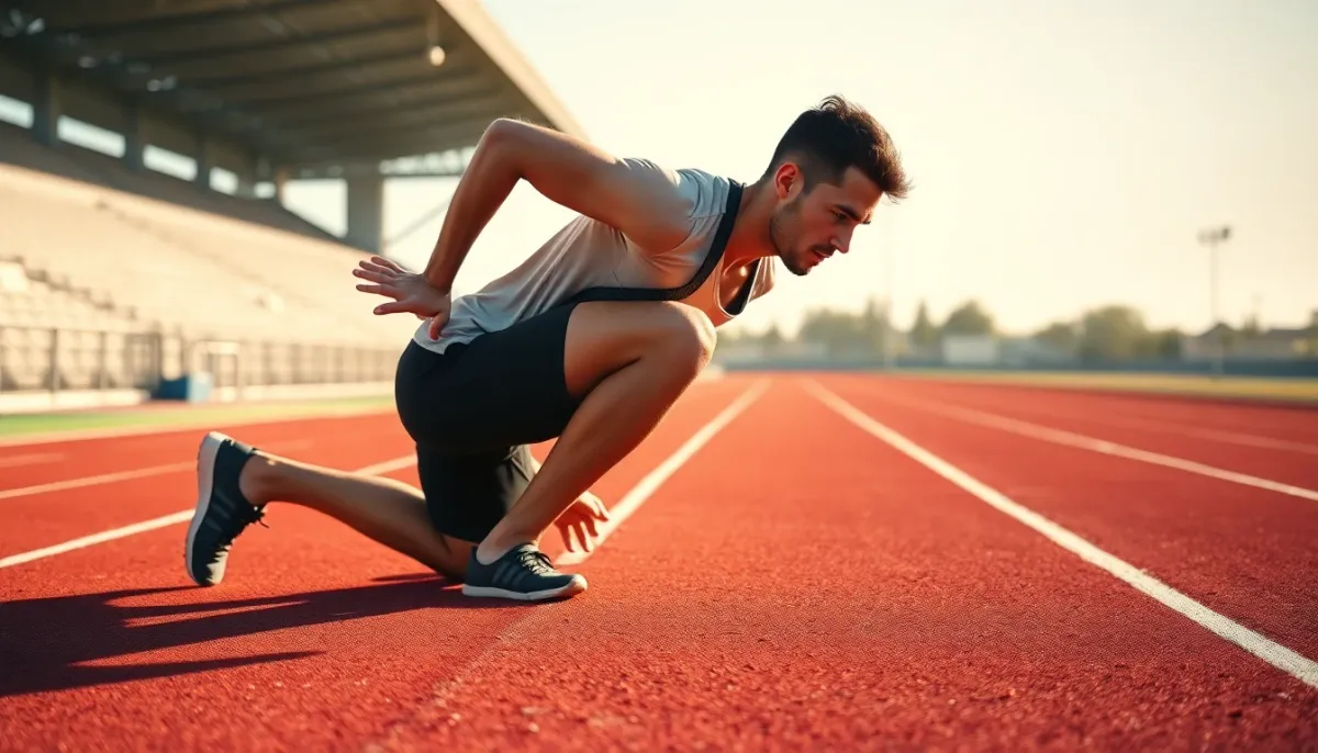 Coureur s'étirant sur une piste d'athlétisme avant une séance d'entraînement intense
