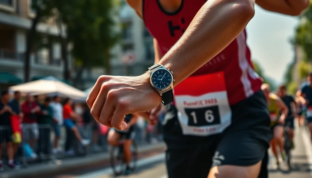 Coureur consultant sa montre GPS pour gérer son allure le jour d'une course 10 km