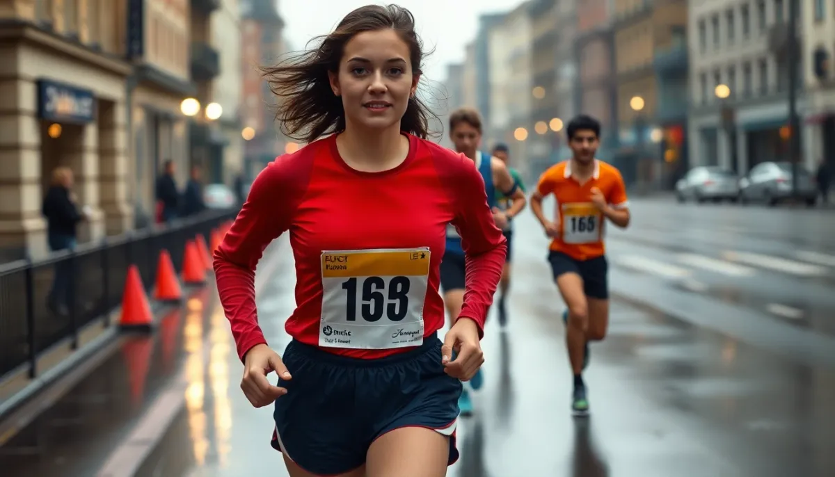 Jeune femme athlète en tenue de course des années 1960 courant sous la pluie lors d'un marathon urbain, entourée de coureurs masculins