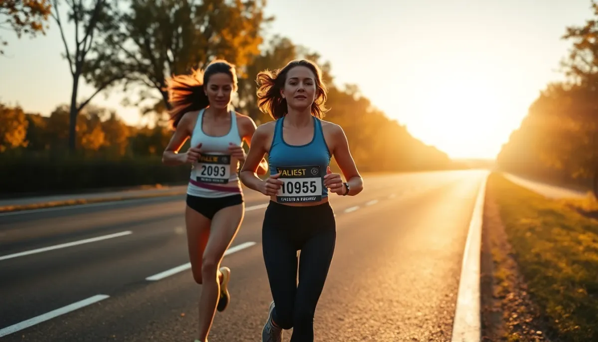 Deux coureuses côte à côte sur un parcours de marathon, symbolisant les différentes générations et stratégies des pionnières du marathon féminin