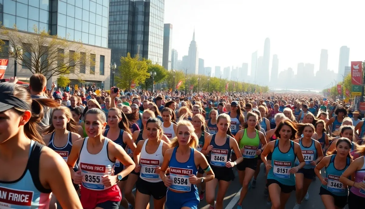 Foule de coureuses au départ d'un grand marathon urbain, illustrant la progression spectaculaire de la participation féminine dans les courses sur route