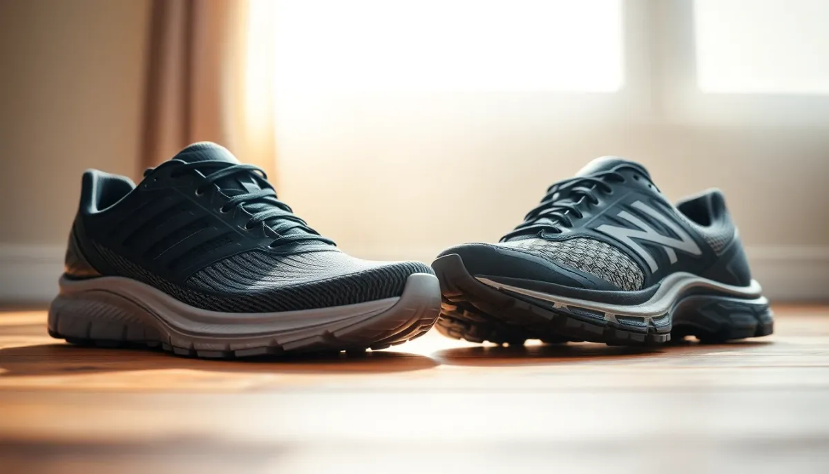 Comparaison de deux chaussures de running : modèle route à semelle lisse et modèle trail à crampons, posés côte à côte