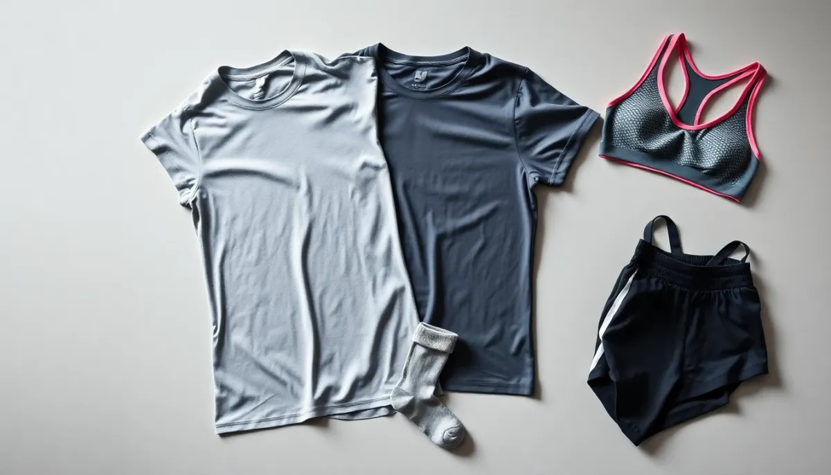 Tenue de running technique complète : t-shirt respirant, short de compression, chaussettes running et brassière sport disposés en flat lay