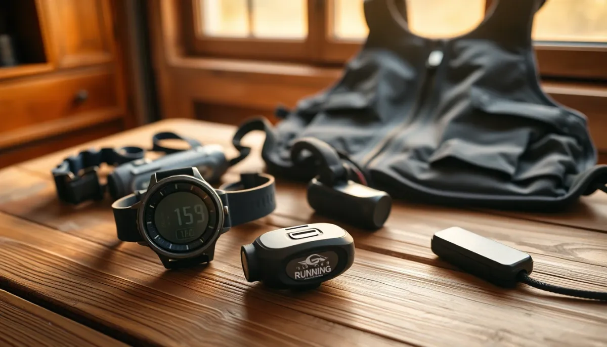Accessoires de running contextuels réunis : montre GPS, lampe frontale compacte et gilet d'hydratation pour trail et sorties longues