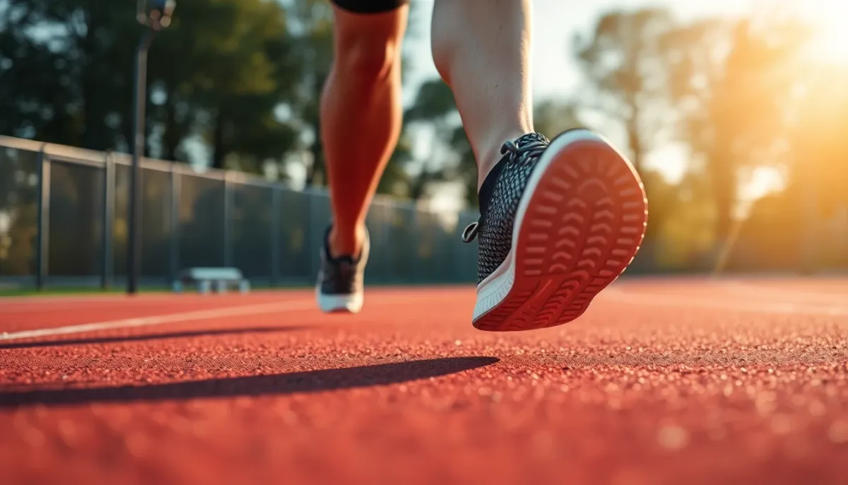 Gros plan sur les jambes d'un coureur en mouvement sur une piste d'athlétisme lors d'une séance légère d'affûtage