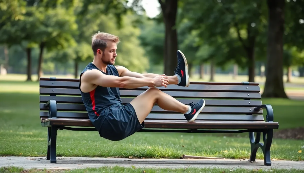 Coureur effectuant des étirements après un footing léger dans un parc pendant la phase d'affûtage