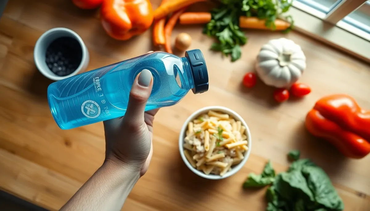 Préparation nutritionnelle d'un coureur de marathon avec hydratation et glucides complexes pendant l'affûtage