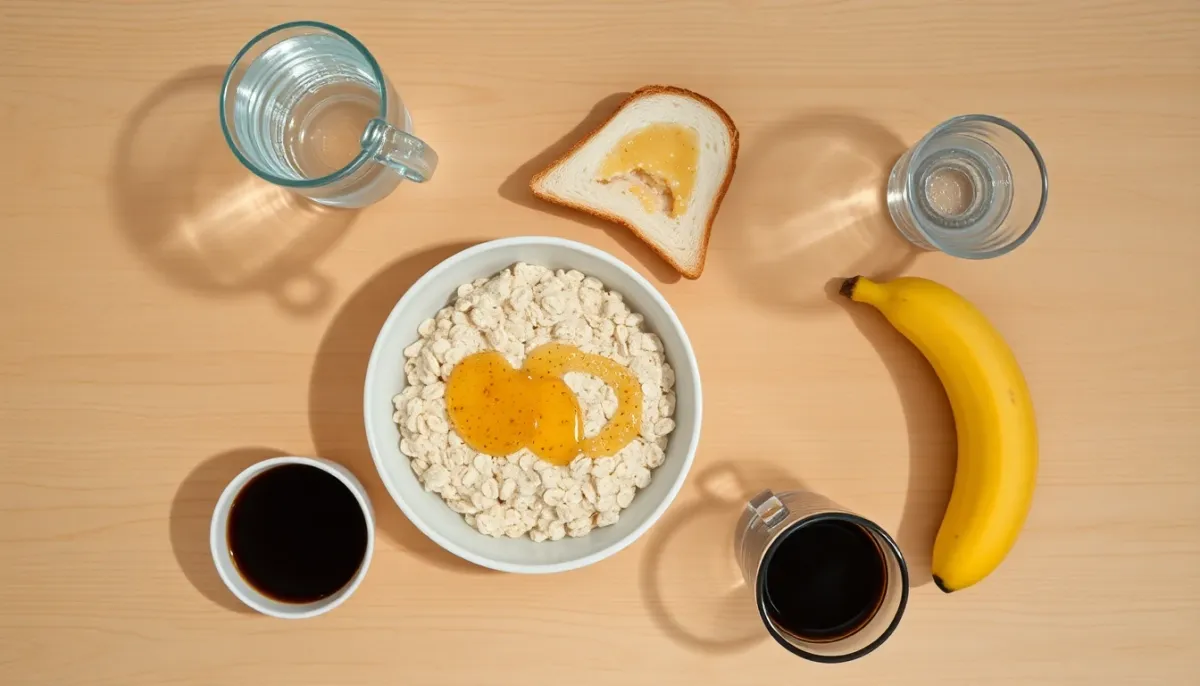 Petit-déjeuner du matin de course marathon : flocons d'avoine, pain blanc, banane et café