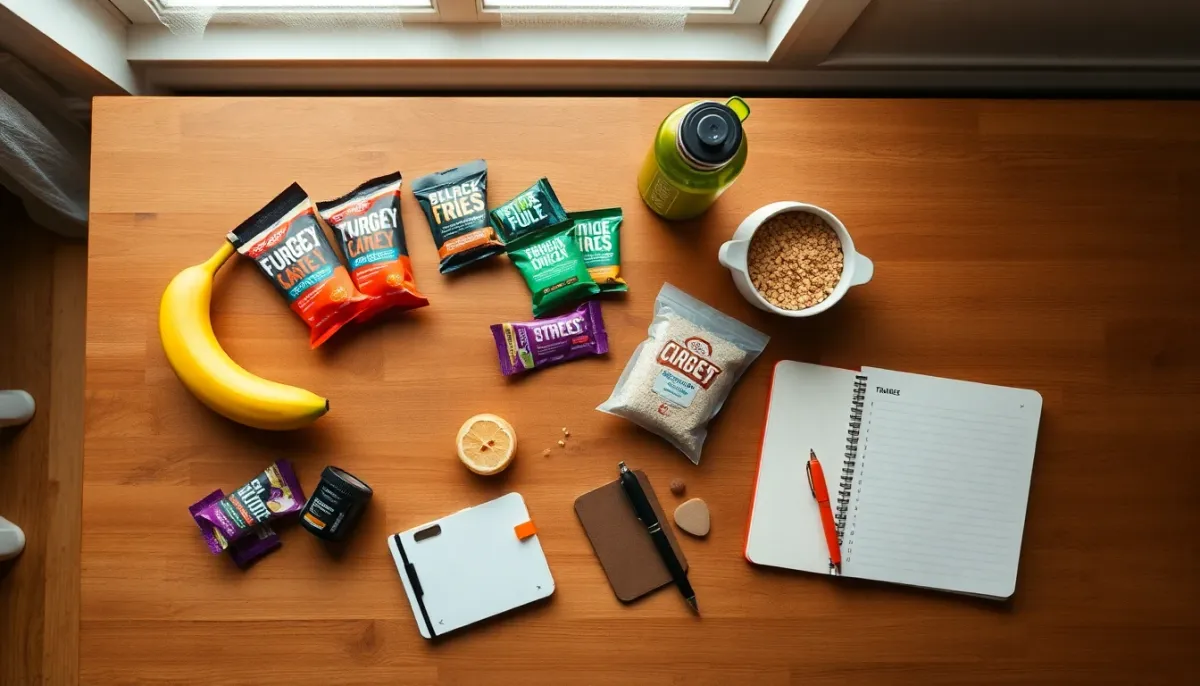 Préparation nutritionnelle pour trail : gels énergétiques, banane, gâteaux de riz et boisson sportive disposés sur une table en bois