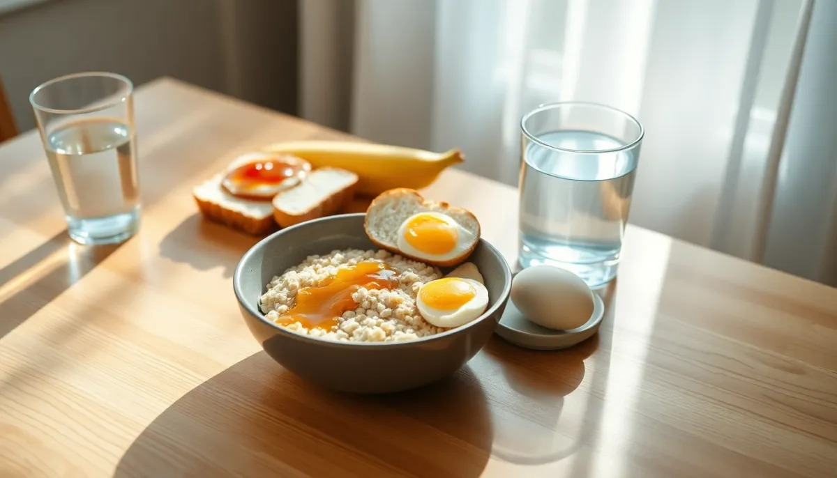 Petit-déjeuner pré-course pour trail : flocons d'avoine, pain blanc avec confiture, banane mûre et œuf à la coque