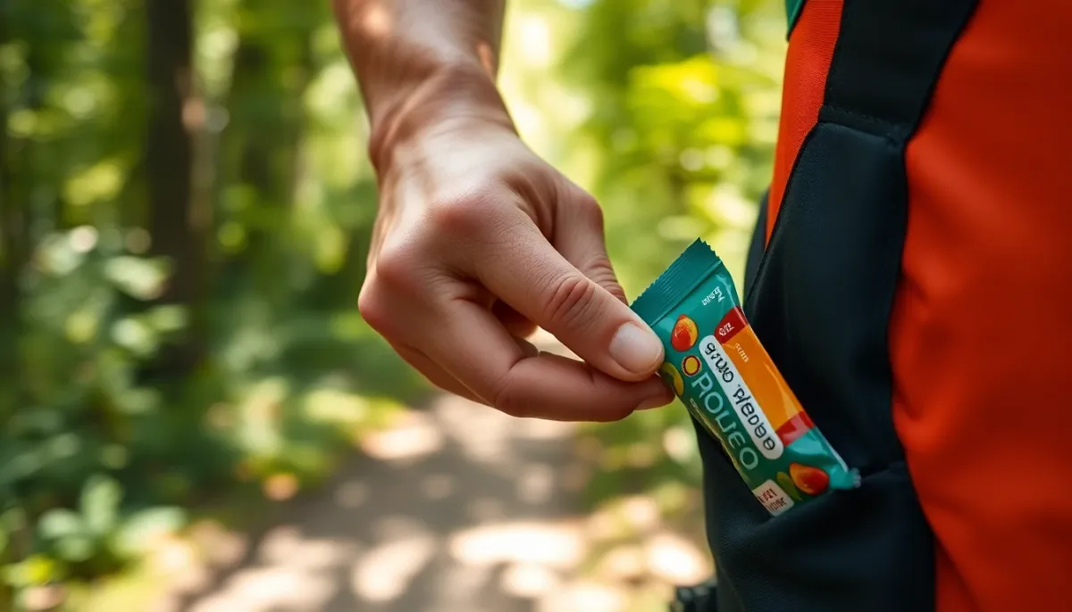 Coureur de trail saisissant un gel énergétique dans sa veste de running pendant l'effort en forêt