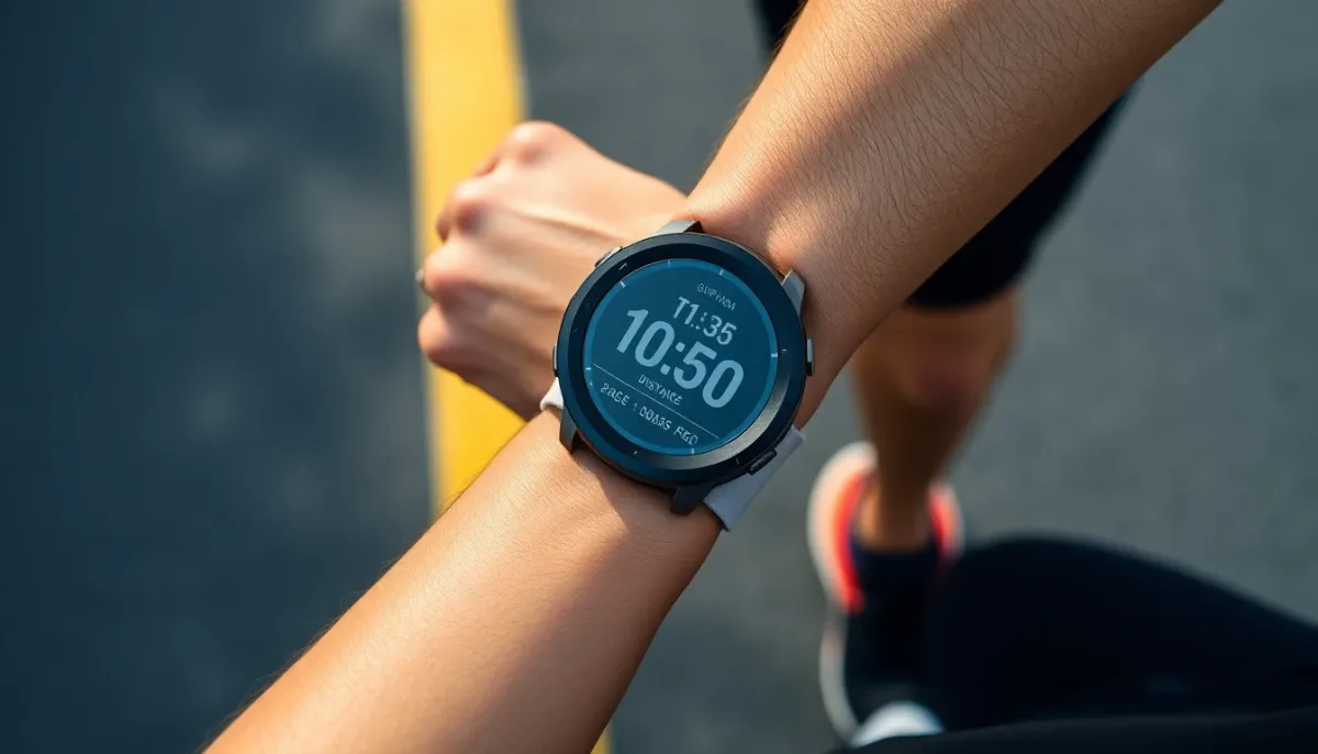 Montre GPS au poignet d'un coureur affichant l'allure en min/km lors d'une course sur route