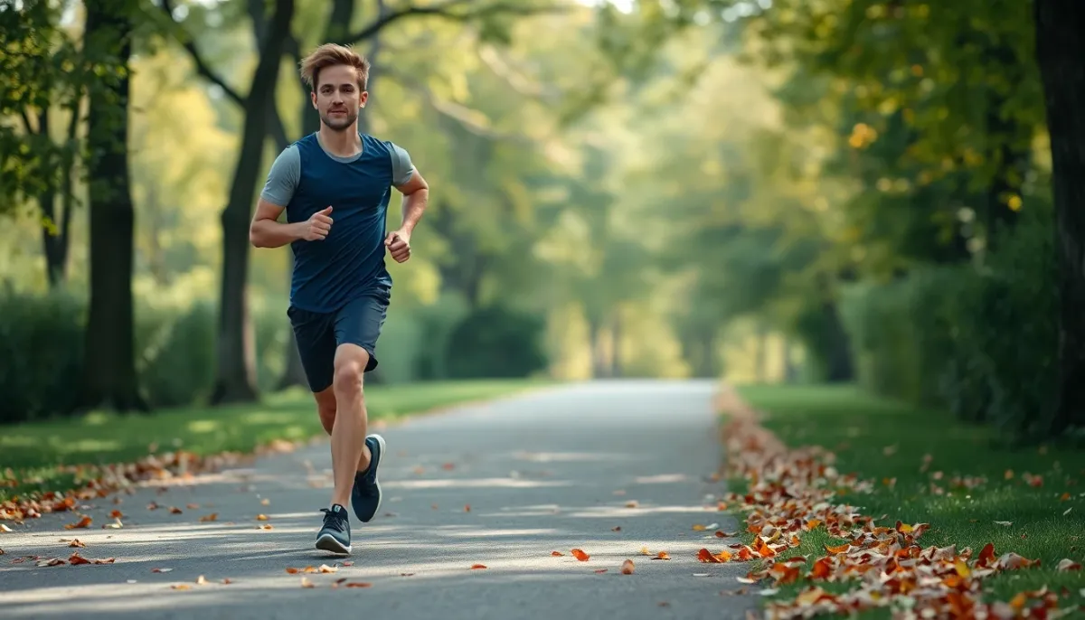 Coureur régulier en entraînement sur un chemin de parc, travaillant son allure cible sur 10 km