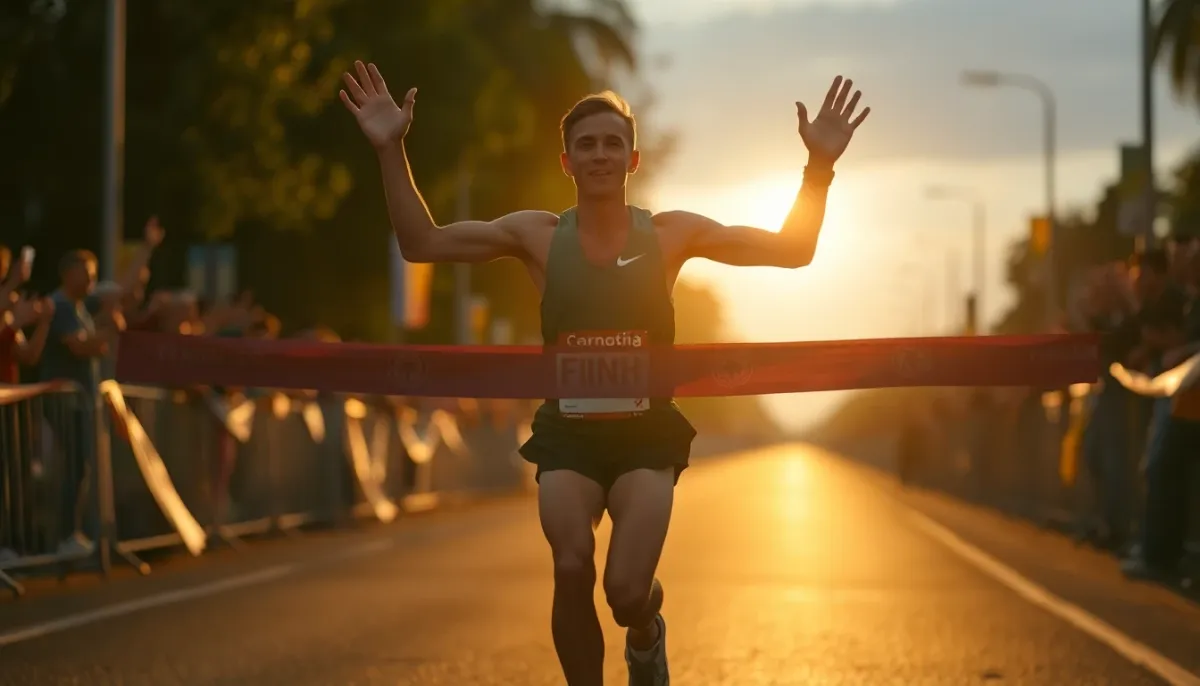 Coureur franchissant la ligne d'arrivée d'un 10 km, moment de dépassement de soi et d'accomplissement