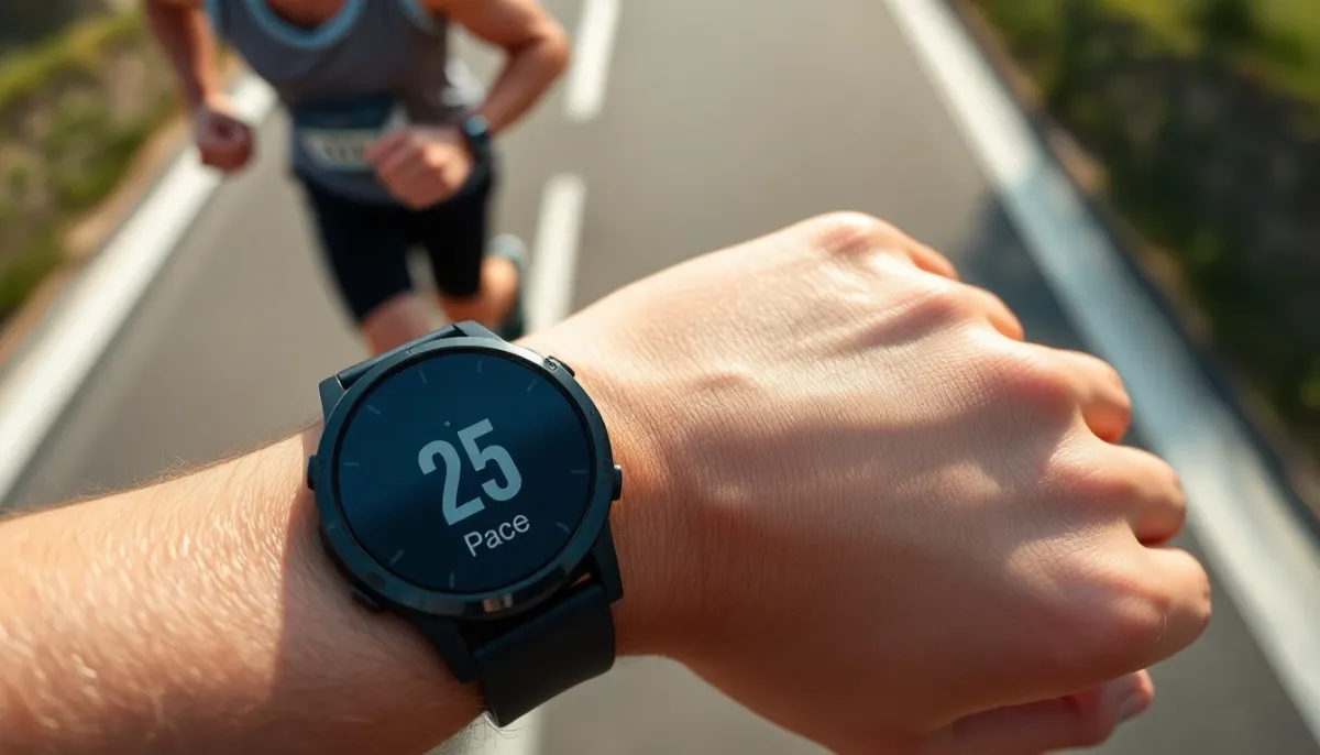 Montre GPS d'un coureur affichant l'allure en temps réel pendant un marathon