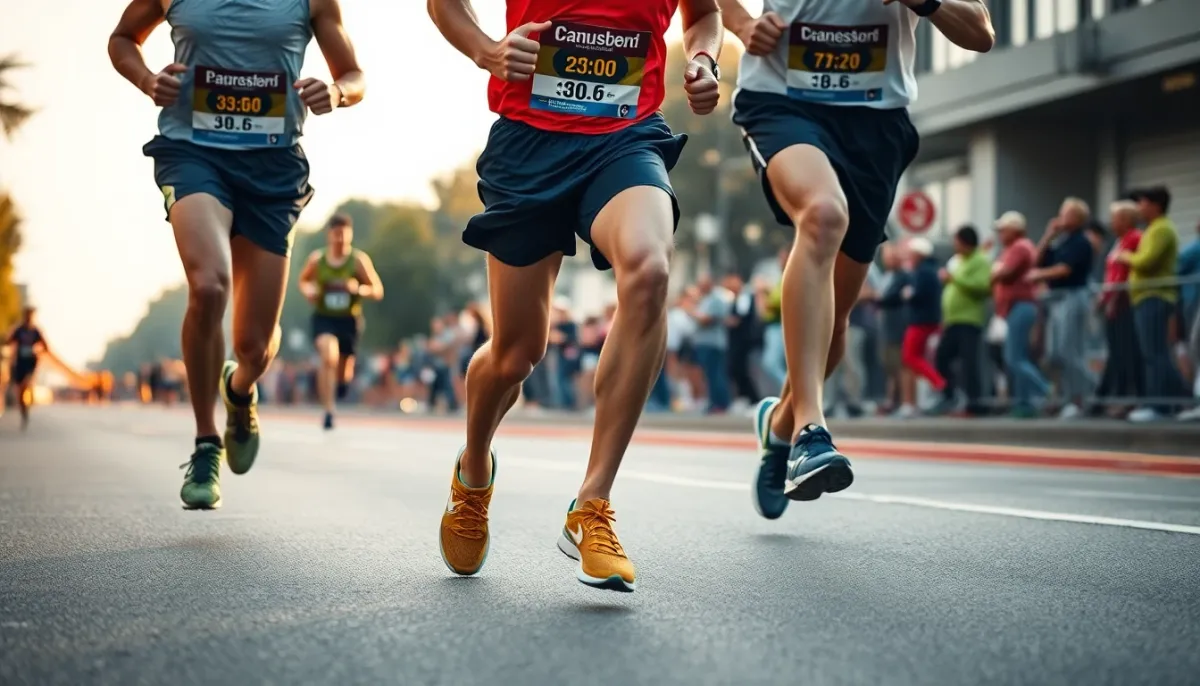 Groupe de coureurs maintenant une allure régulière lors d'un marathon sur route