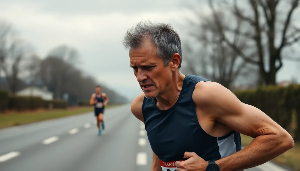 Coureur en difficulté au 30e kilomètre d'un marathon illustrant le mur du marathonien