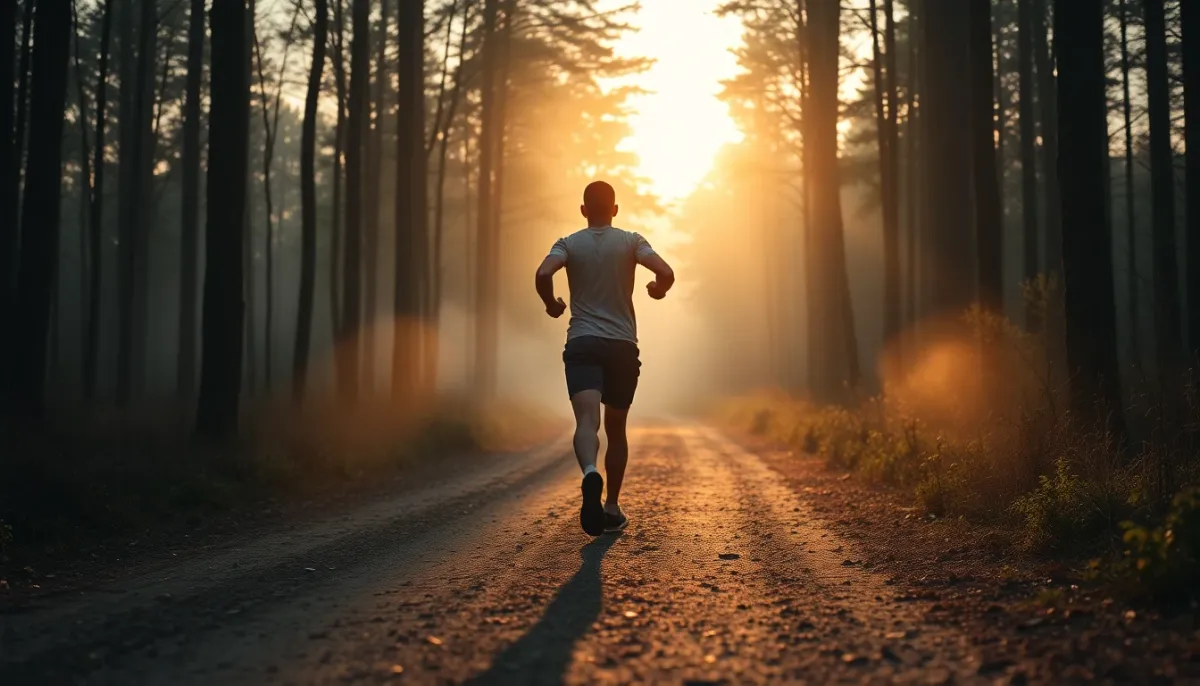 Coureur s'entraînant en forêt à l'aube dans le cadre d'une préparation marathon structurée