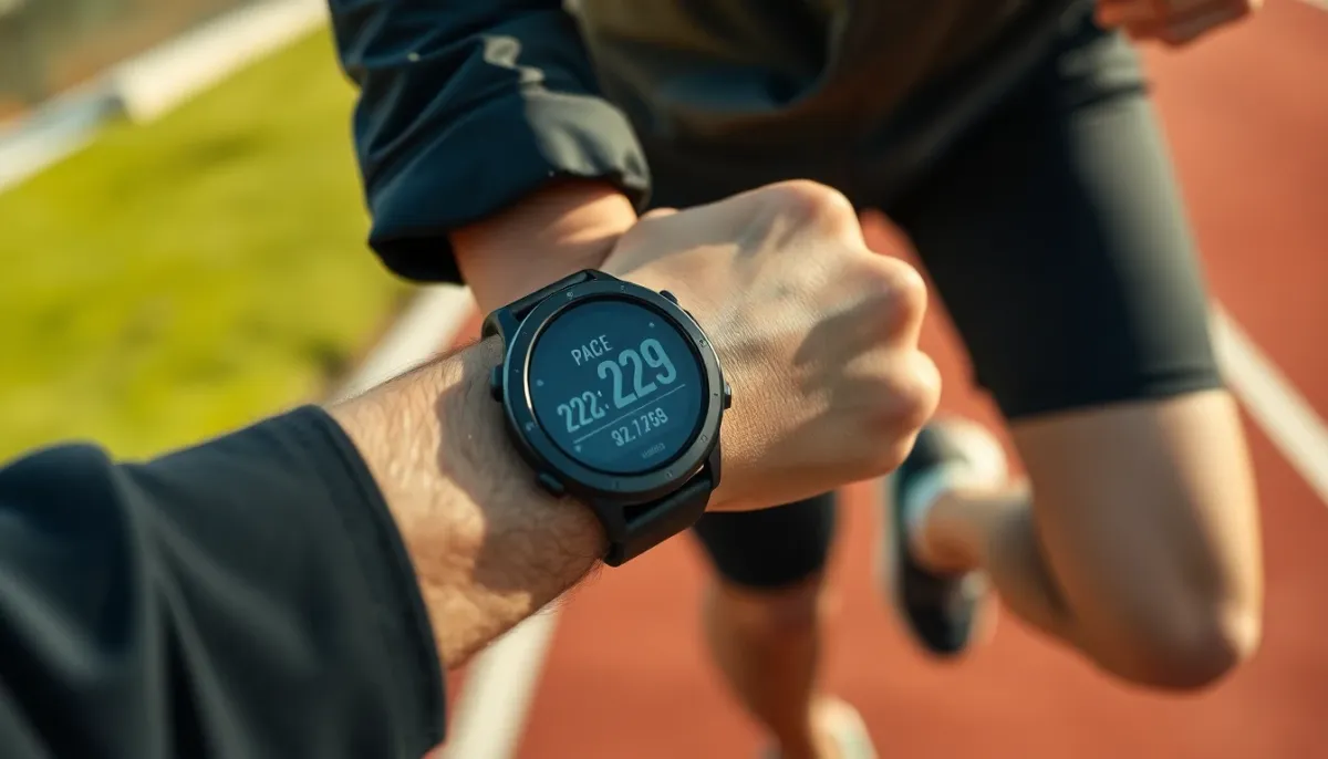 Gros plan sur une montre GPS de coureur affichant l'allure en temps réel pendant un entraînement marathon