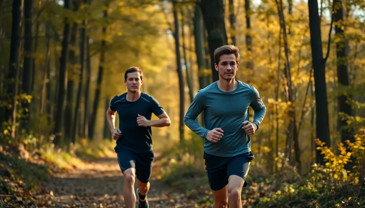 Deux coureurs côte à côte sur un sentier forestier illustrant différentes stratégies d'allure marathon selon la méthode choisie