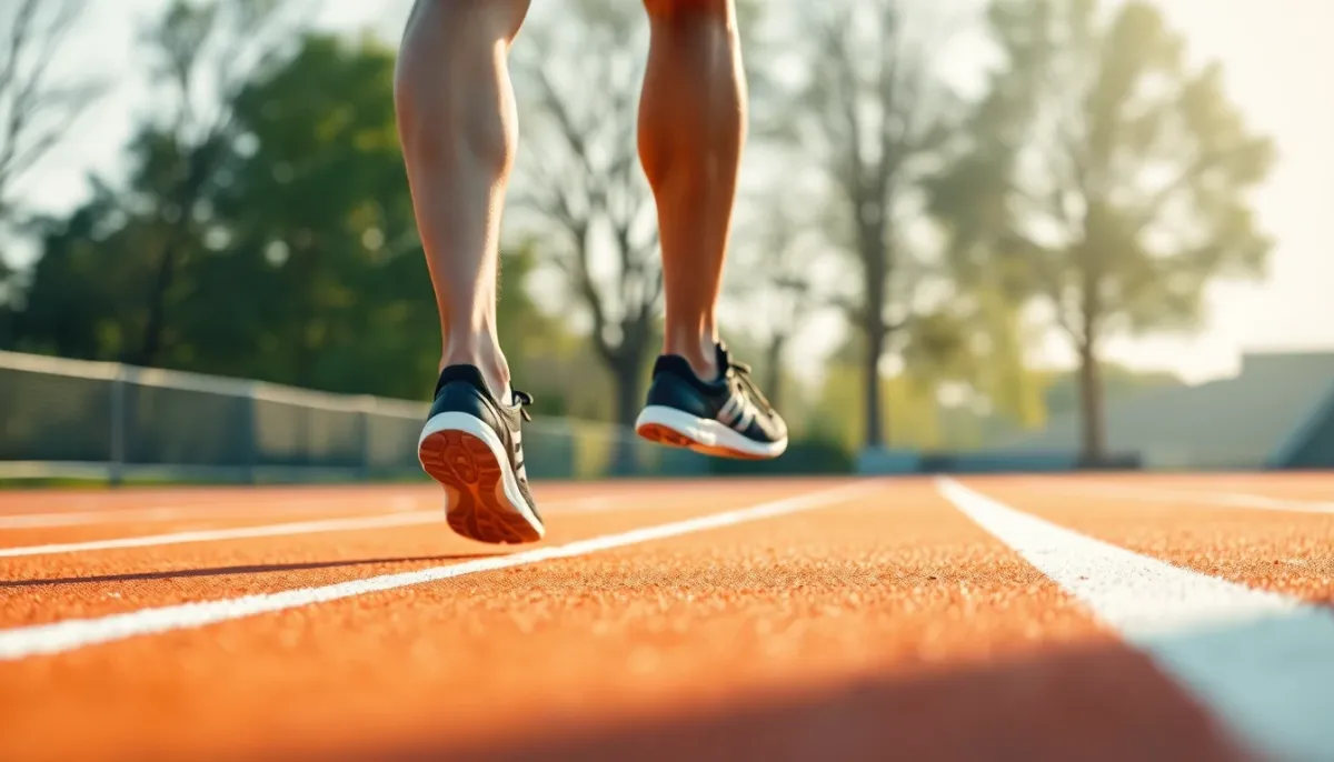 Jambes d'un coureur sur une piste d'athlétisme illustrant le calcul concret de l'allure marathon en fonction de la VMA