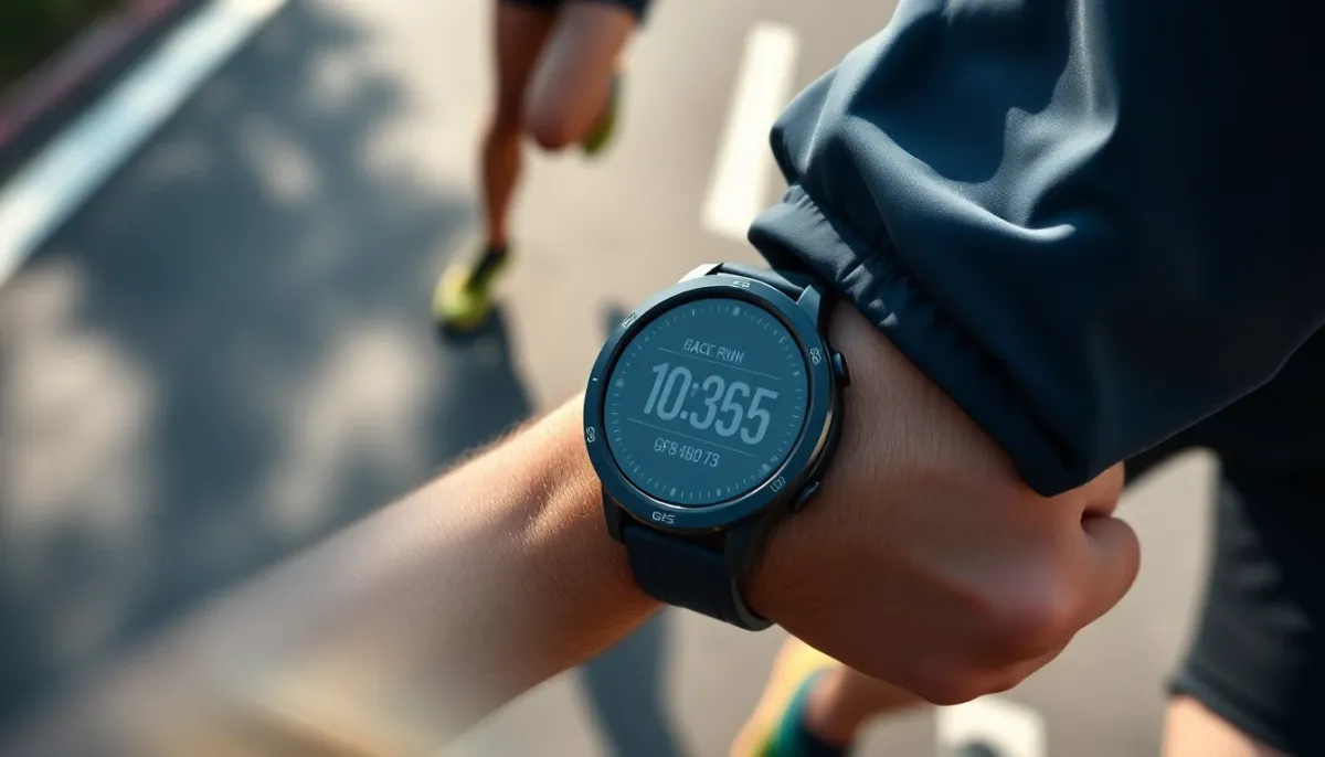 Gros plan sur une montre GPS de course affichant l'allure en min/km pendant un semi-marathon