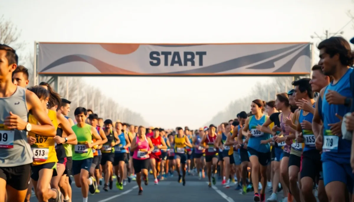 Groupe de coureurs au départ d'un semi-marathon, représentant tous les niveaux de performance