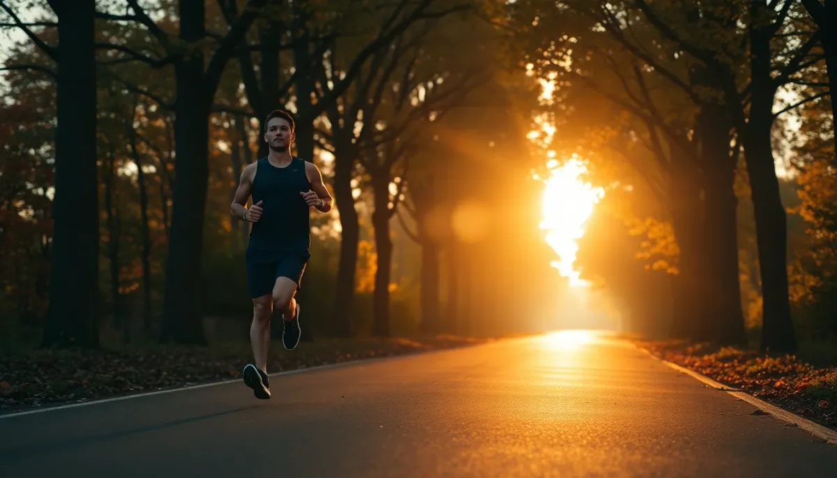 Coureur en phase finale d'un semi-marathon maintenant son allure sur une route bordée d'arbres