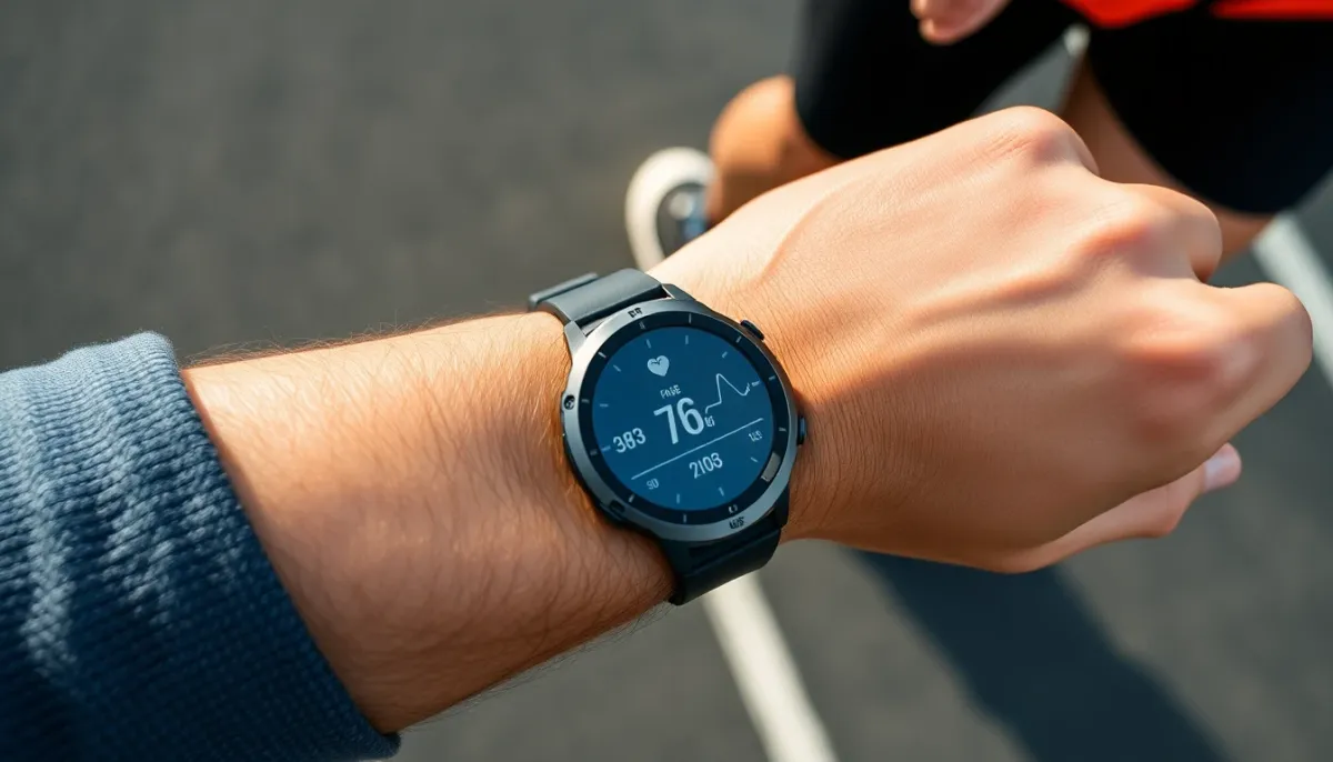 Montre GPS de coureur affichant les données d'allure et de fréquence cardiaque pendant une séance de fractionné