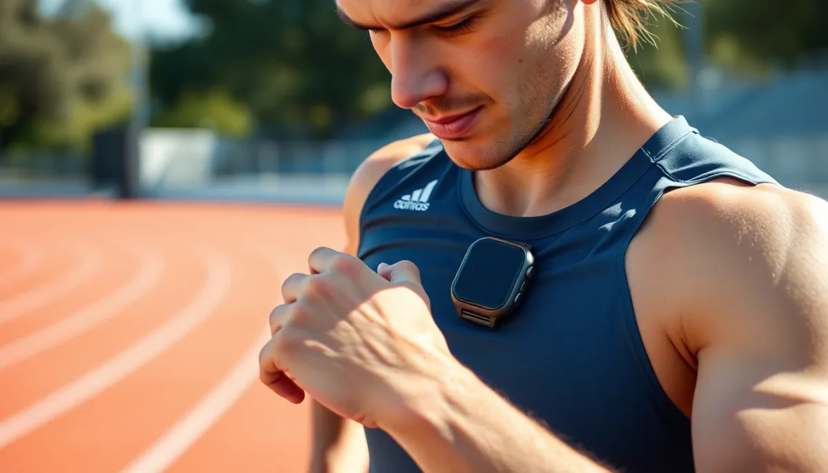 Coureur consultant sa montre cardio pendant un test d'effort pour mesurer son seuil anaérobie