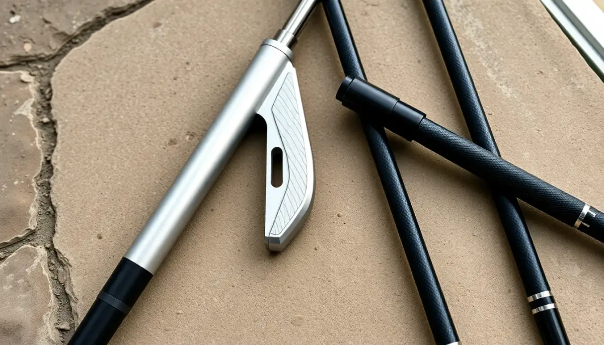 Comparaison côte à côte de bâtons de trail en aluminium et en carbone posés sur une surface en pierre naturelle
