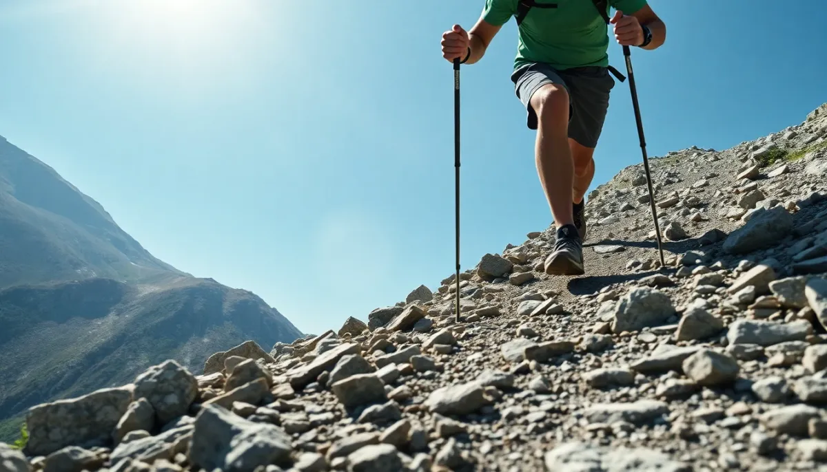 Coureur de trail en montée technique sur terrain rocheux utilisant des bâtons pour se propulser
