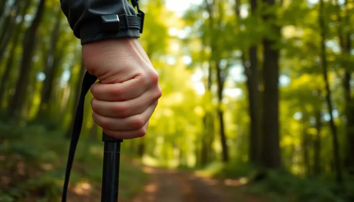 Gros plan sur la prise en main d'un bâton de trail avec sangle de poignet sur sentier forestier