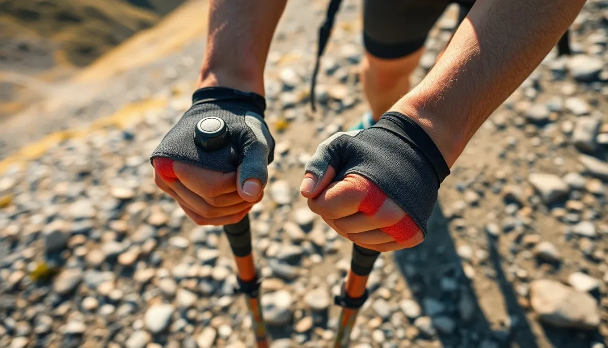 Gros plan sur la dragonne d'un bâton de trail tenue en main lors d'une montée rocheuse