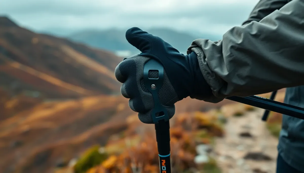 Système gantelet clipé sur la poignée d'un bâton de trail lors d'un passage technique en montagne