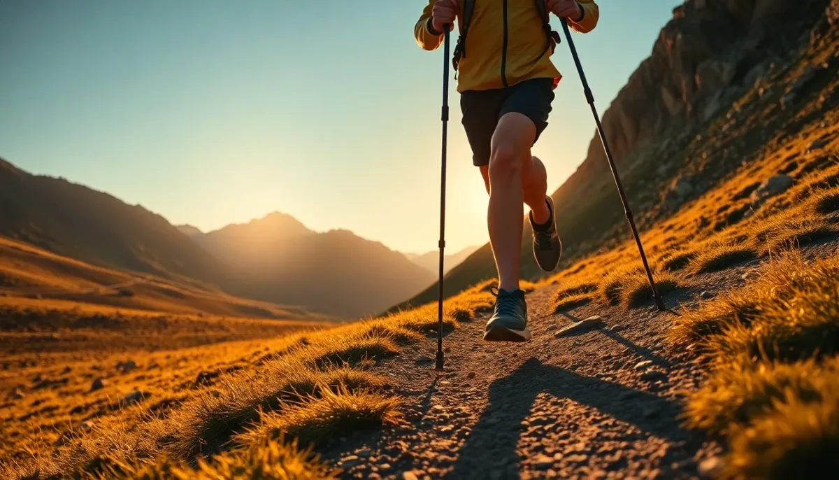Traileur en action utilisant des bâtons de trail en montée sur sentier alpin au coucher du soleil