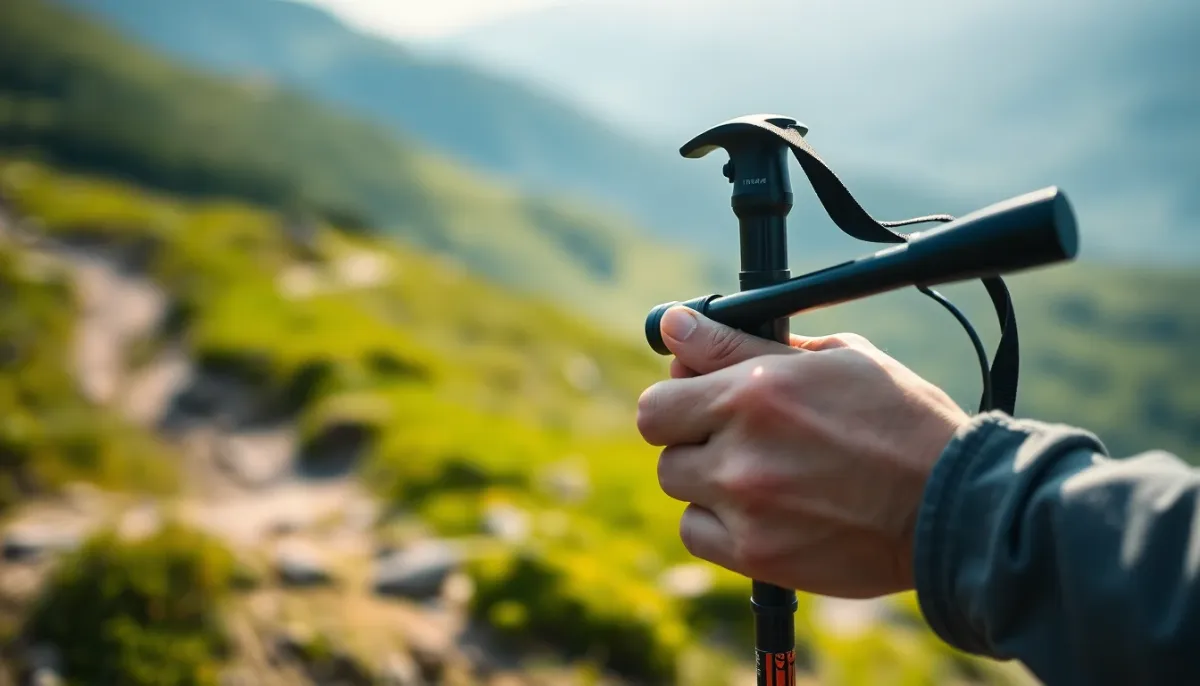 Coureur de trail déployant rapidement un bâton pliable carbone sur un sentier de montagne