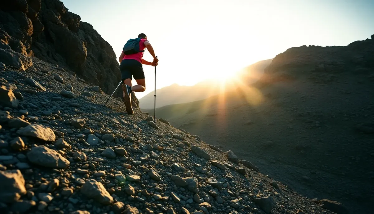 Coureur de trail utilisant des bâtons en montée sur un sentier escarpé et rocheux en lumière dorée