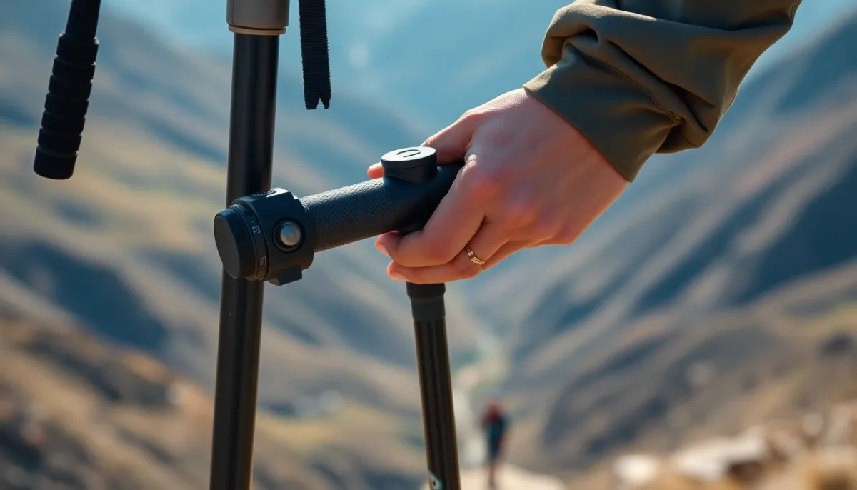 Randonneur réglant la longueur d'un bâton télescopique avant une descente en montagne