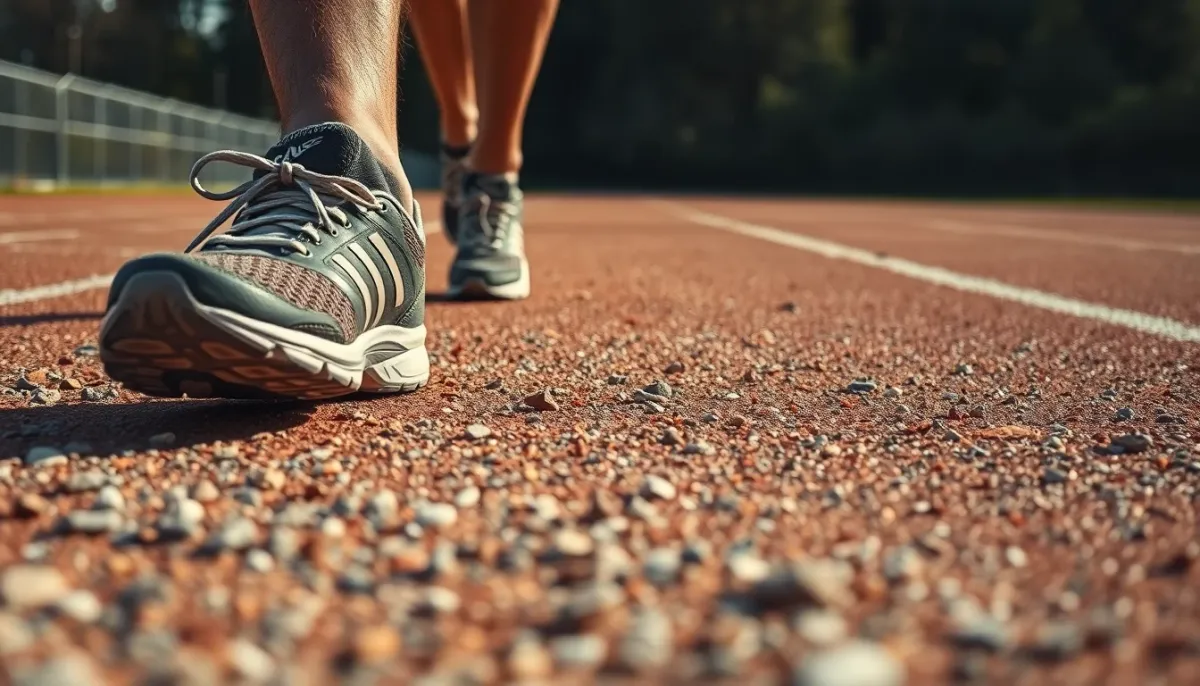 Chaussures de running usées sur une piste d'athlétisme, symbolisant la pratique sportive excessive et compulsive