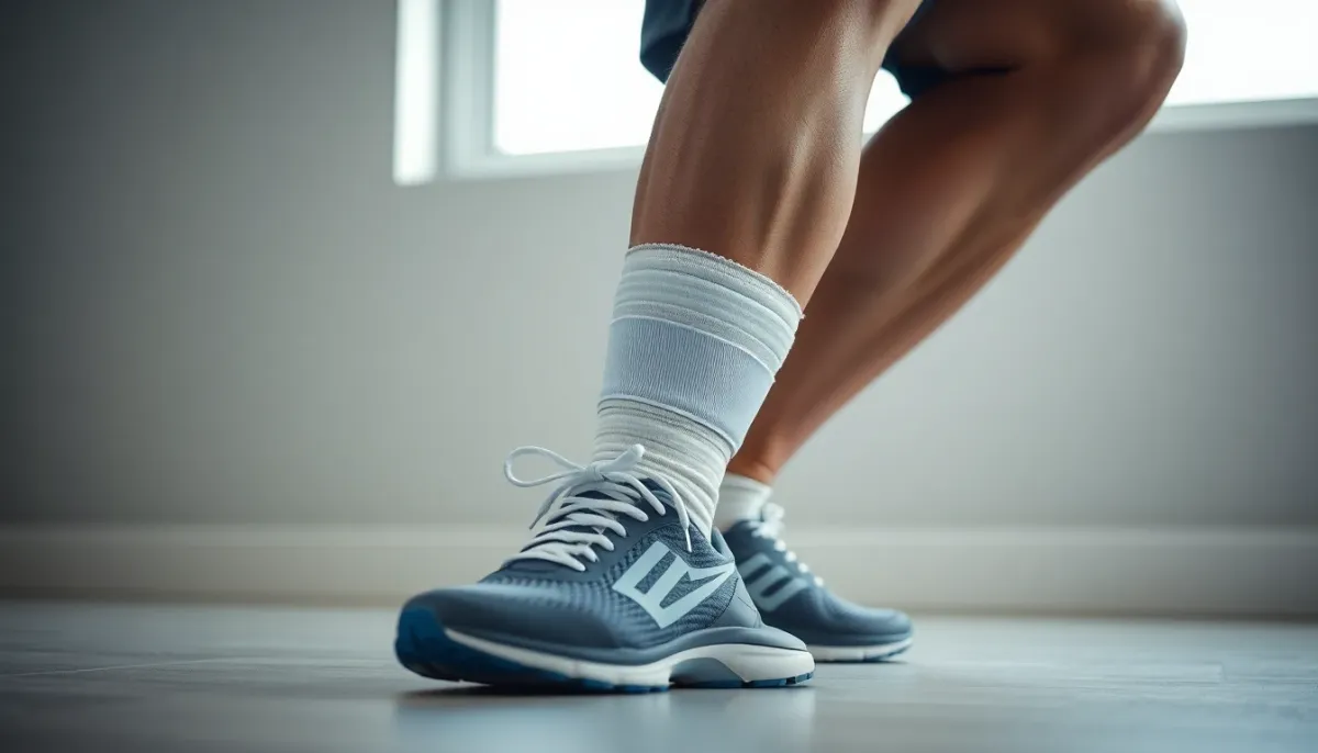 Jambe de sportif bandée portant des chaussures de course, illustrant les blessures chroniques causées par la bigorexie