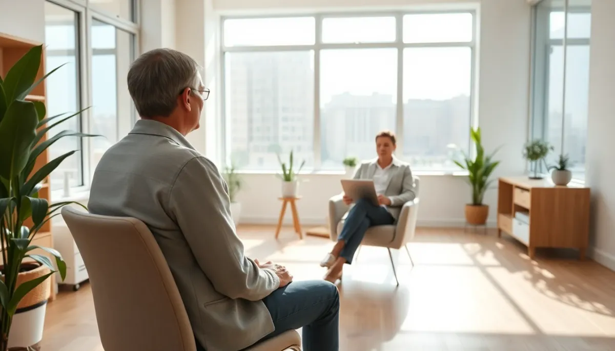 Consultation entre un patient et un professionnel de santé spécialisé en addictologie pour traiter la bigorexie