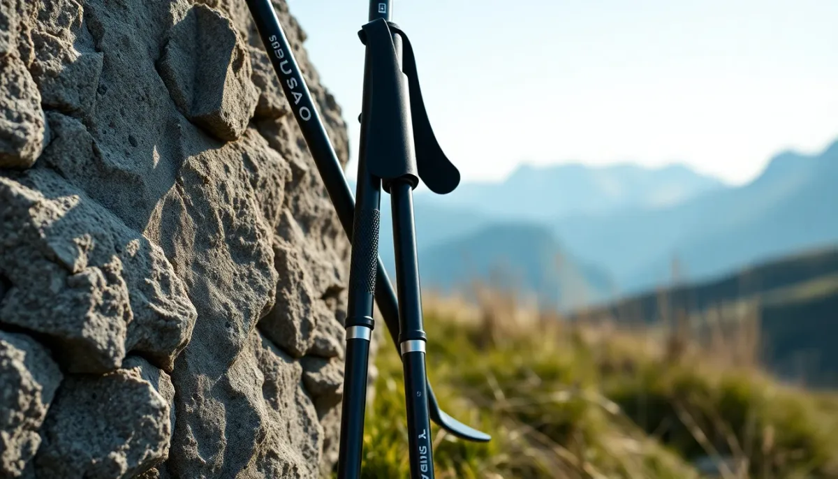 Gros plan sur deux bâtons de trail appuyés contre un rocher en montagne