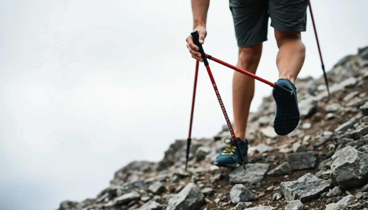 Coureur de trail utilisant des bâtons pour descendre un sentier rocheux technique