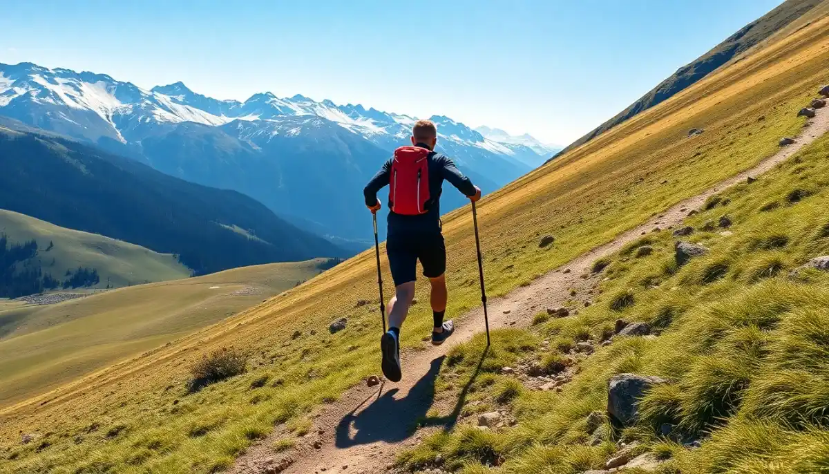 Traileur en marche nordique avec bâtons sur une longue montée de sentier alpin