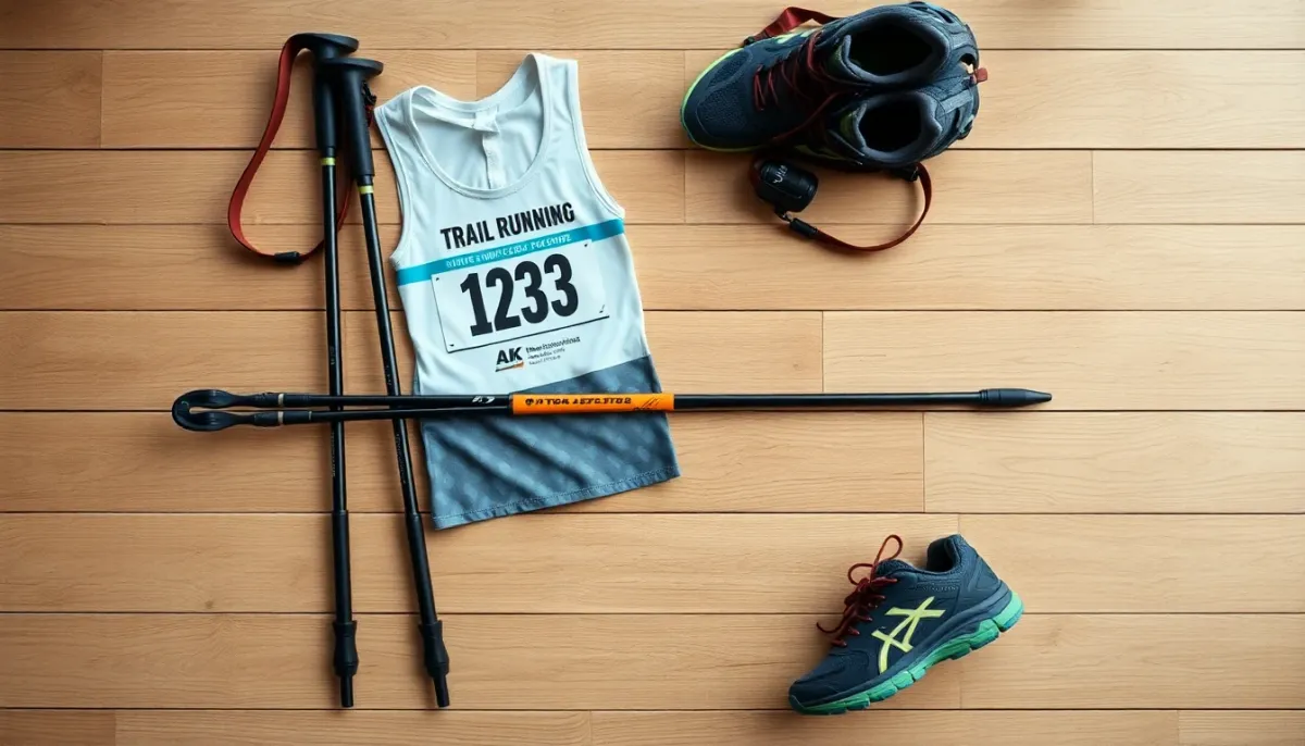 Préparation avant une course de trail avec bâtons, dossard et équipement posés à plat