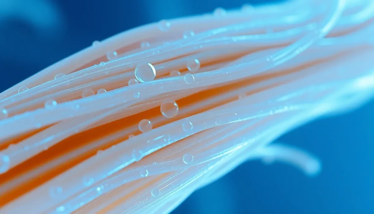 Gros plan sur la structure fibreuse d'un tendon illustrant la composition en collagène et en eau des tissus tendineux