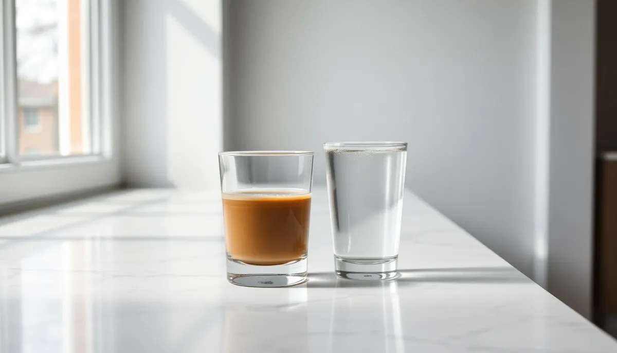 Verre d'eau et tasse d'espresso côte à côte sur un comptoir en marbre blanc, illustrant l'importance de compenser chaque café par une hydratation supplémentaire