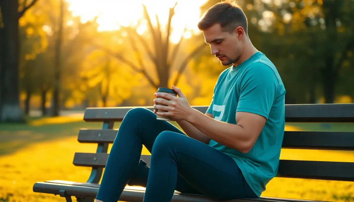 Coureur assis sur un banc tenant une tasse de café réutilisable, en train de réfléchir à sa récupération tendineuse après l'entraînement