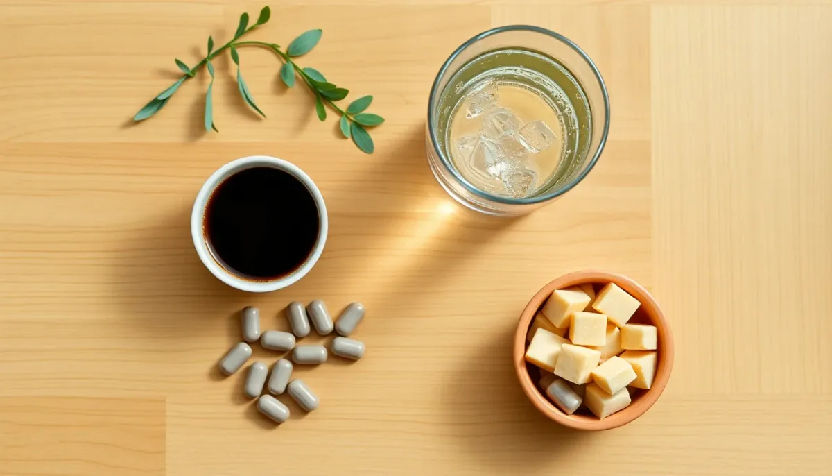 Vue de dessus d'un plan d'action nutritionnel pour tendinite incluant café, eau gazeuse et compléments en magnésium et zinc